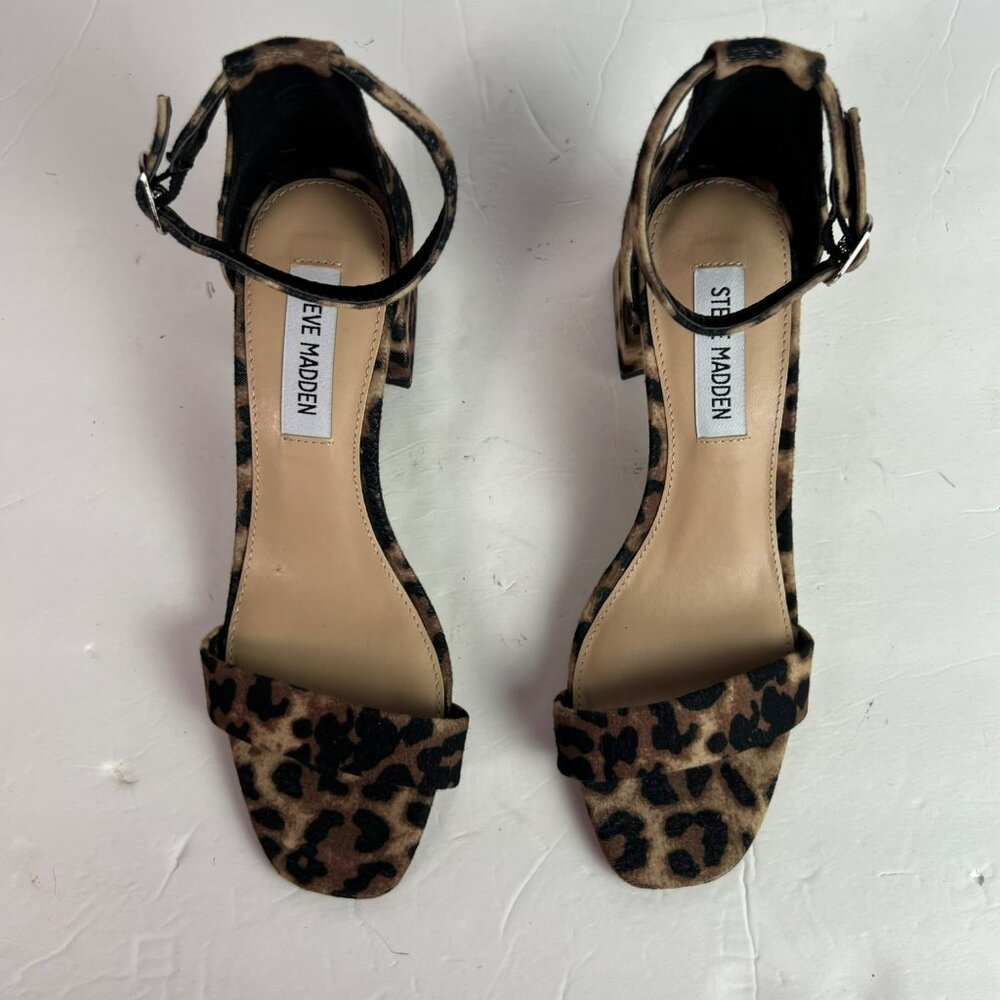 🟣 Steve Madden Size 6.5 Maria Leopard Ankle Strap Open Toe Block Heel Sandals - Picture 2 of 9